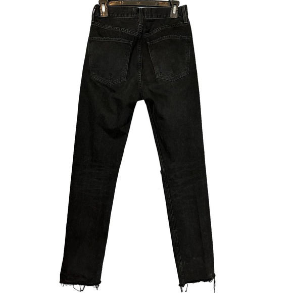 Agolde Cherie High Rise Straight Jeans Black 25x31 Busted Knee Rigid Raw Hem - Picture 8 of 12